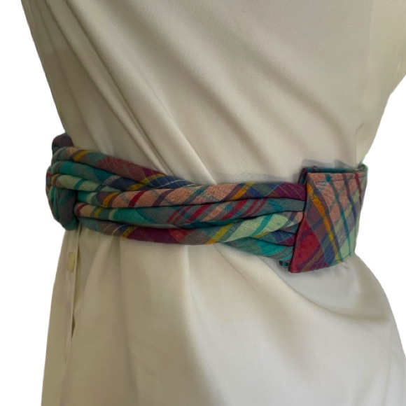 Vintage 80s Braided Madras Plaid Cinch Waist Belt Brass Buckle Adjustable Length - Picture 4 of 9